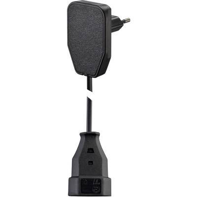 Two-pin plug: Top part with mains plug and bottom part with socket opening, black, shown separately.