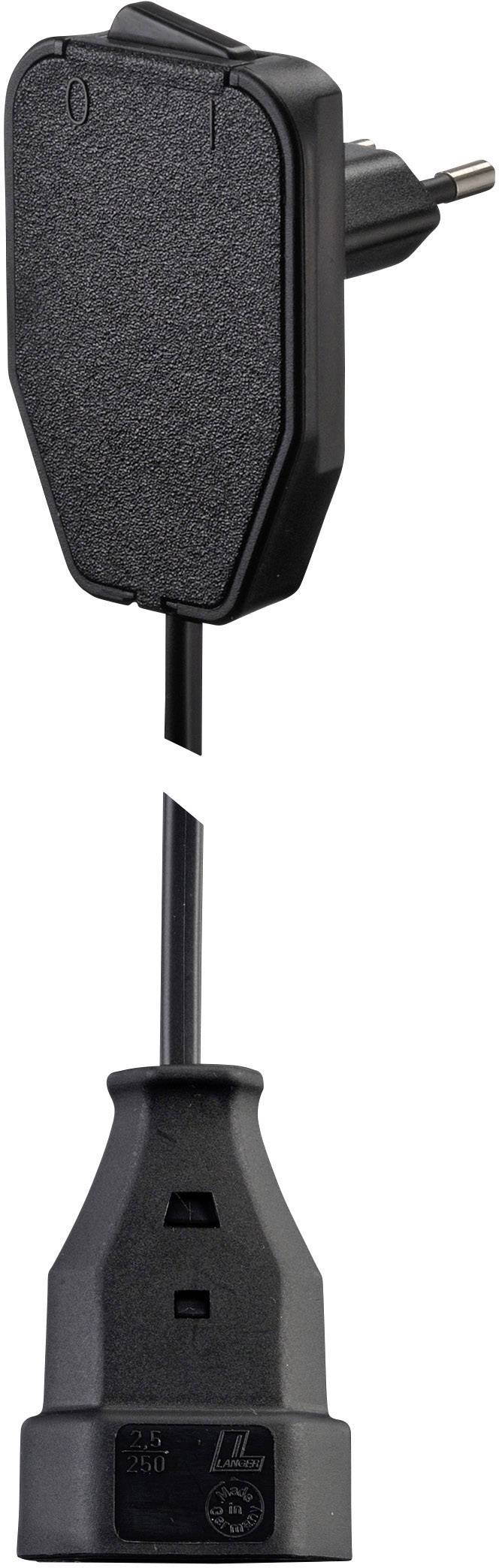 A black mains plug with switch, EU standard, next to a cut plug end.