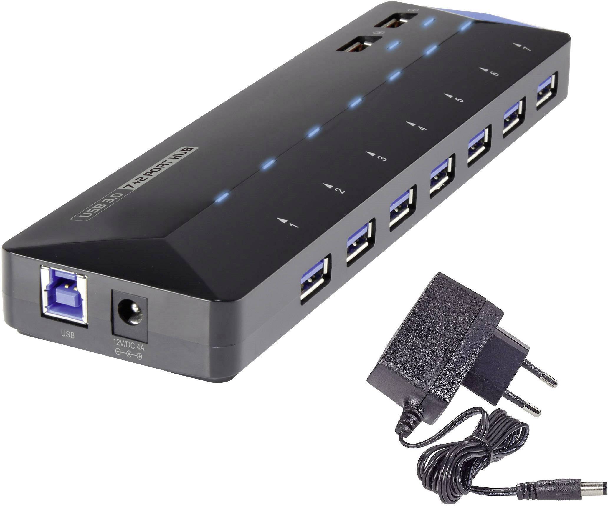 Renkforce 7+2 ports USB 3.2 1st Gen (USB 3.0) hub + quick-charge port, + LED indicator lights Black