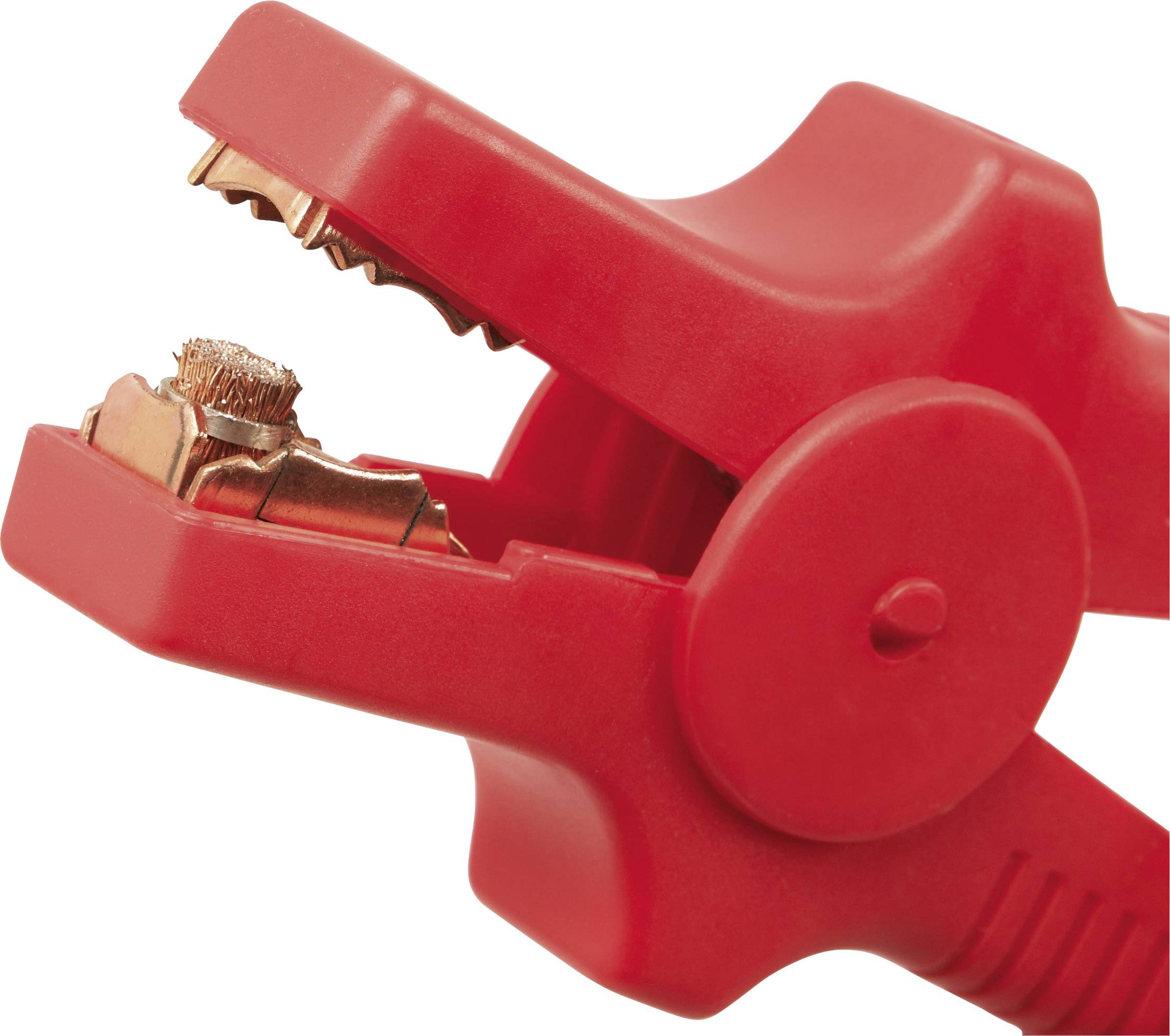 Red battery terminal with metal teeth in close-up, showing the open clamp ready for use.