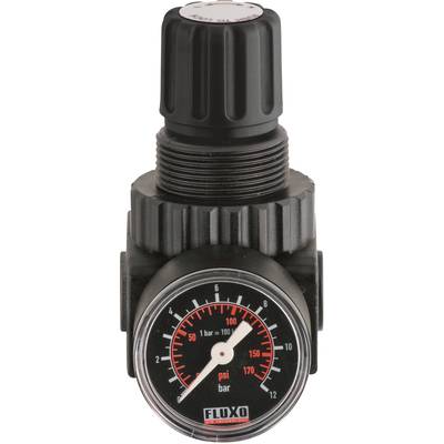 Black pressure regulator with manometer display in psi and bar. Scale shows from 0 to 12 bar. Knob at the top for pressure adjustment.