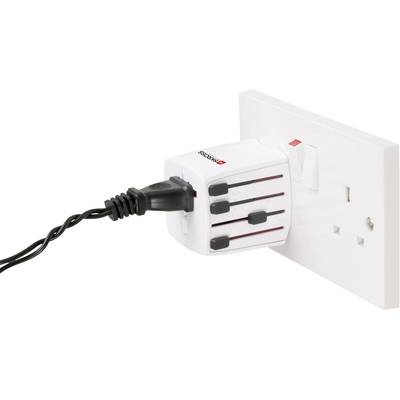 A universal travel adapter is plugged into a power socket, connected with a black plug.