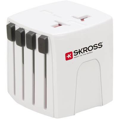 'International travel adapter by SKROSS, with sliders for various plug types, square, white design with red logo.'