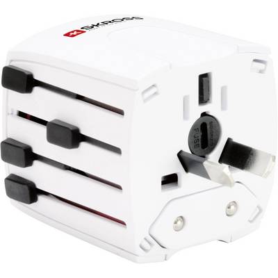 Travel adapter in white with multiple extendable pins for various socket formats. Suitable for international travel.