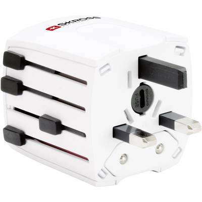 A white universal travel adapter with multiple plug types for international use, logo on the upper side.