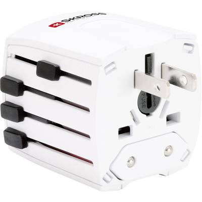 A white, multi-functional travel adapter with multiple socket types and an integrated safety symbol, suitable for international travel.