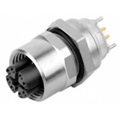 Metal circular connector with multiple pins and protective ring, used for robust electrical connections.