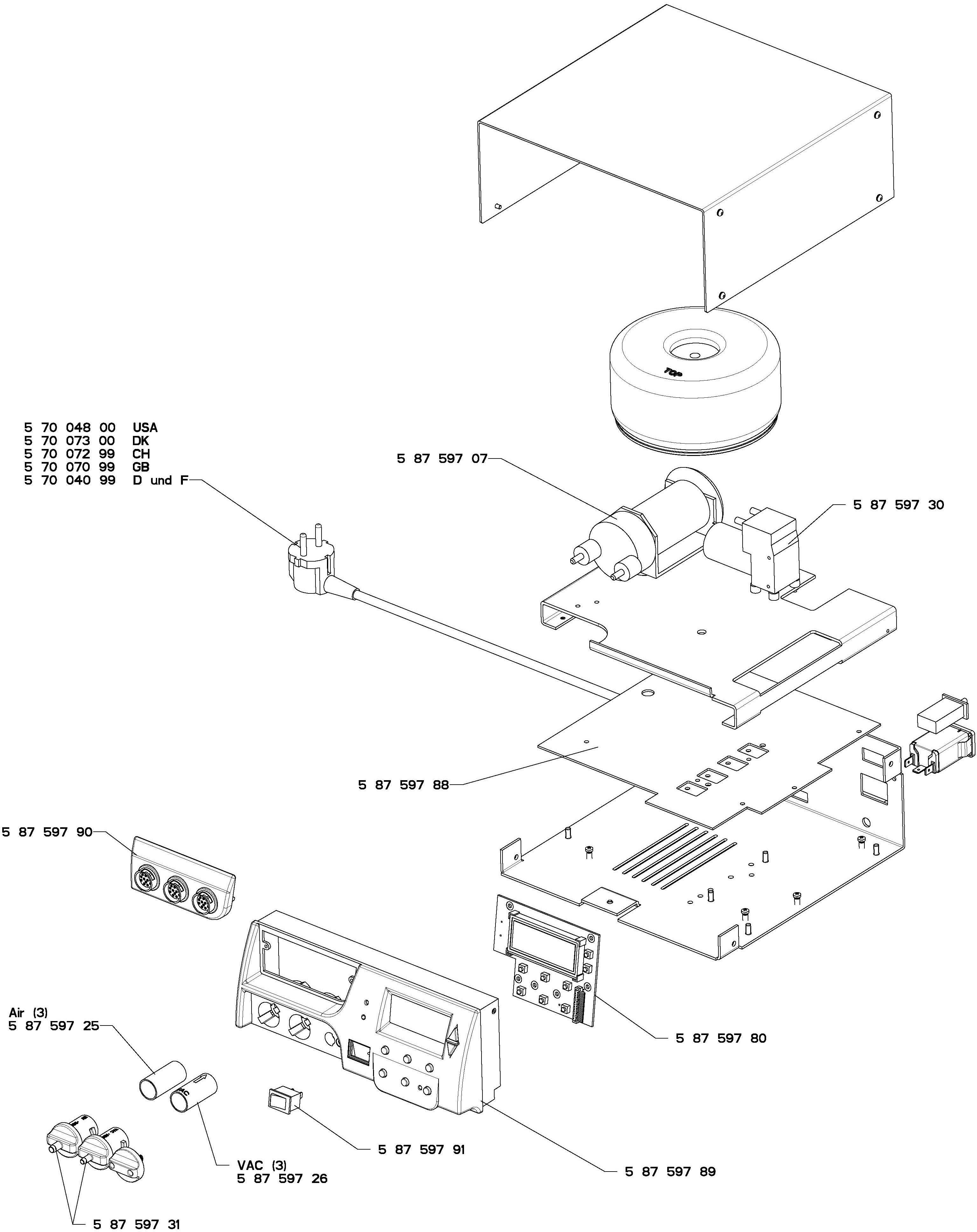 Exploded view diagram of an electronic device with various numbered components, including circuit boards, casing, and connectors.