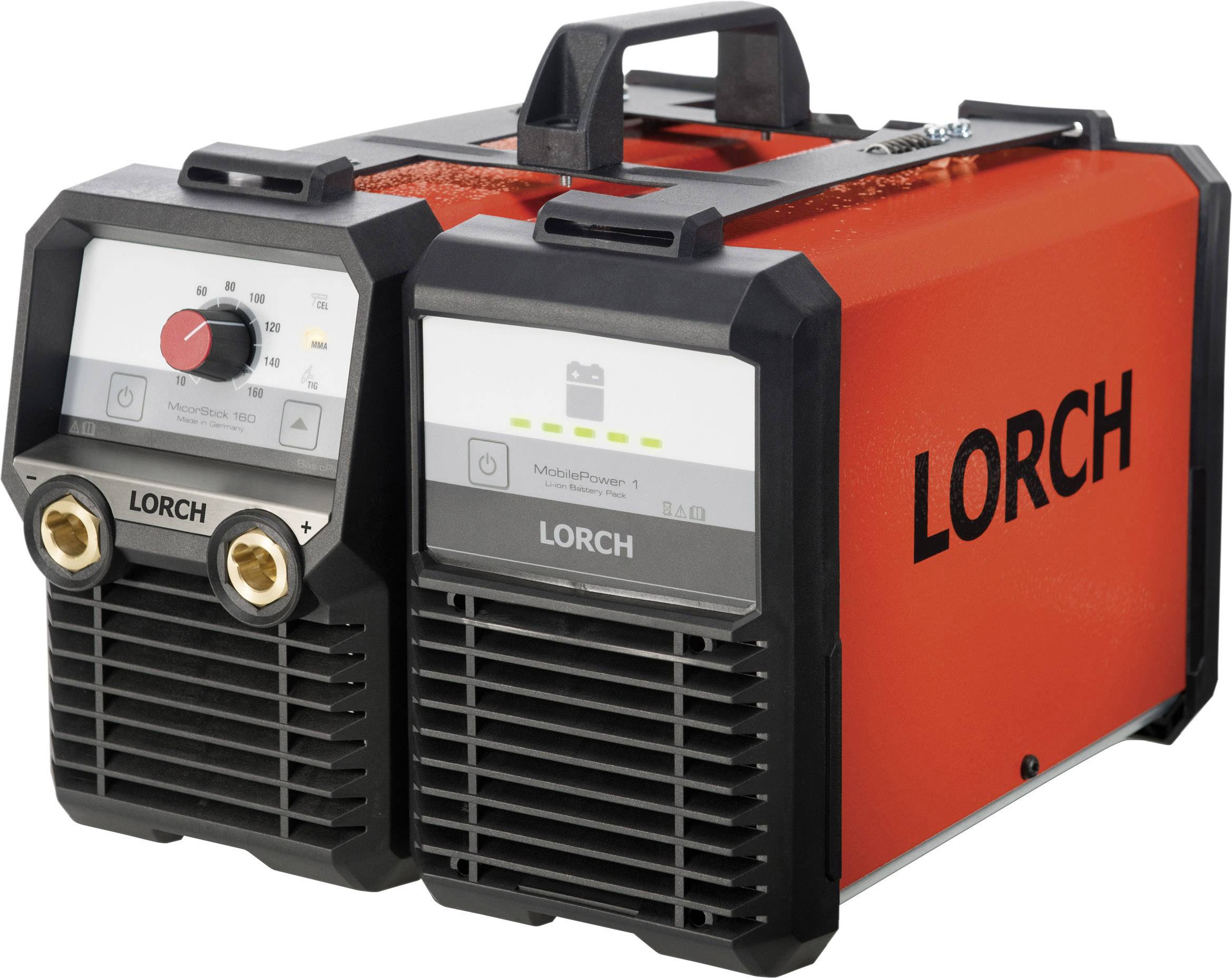 Two red Lorch welding machines side by side with black handles, switch and display at the front.