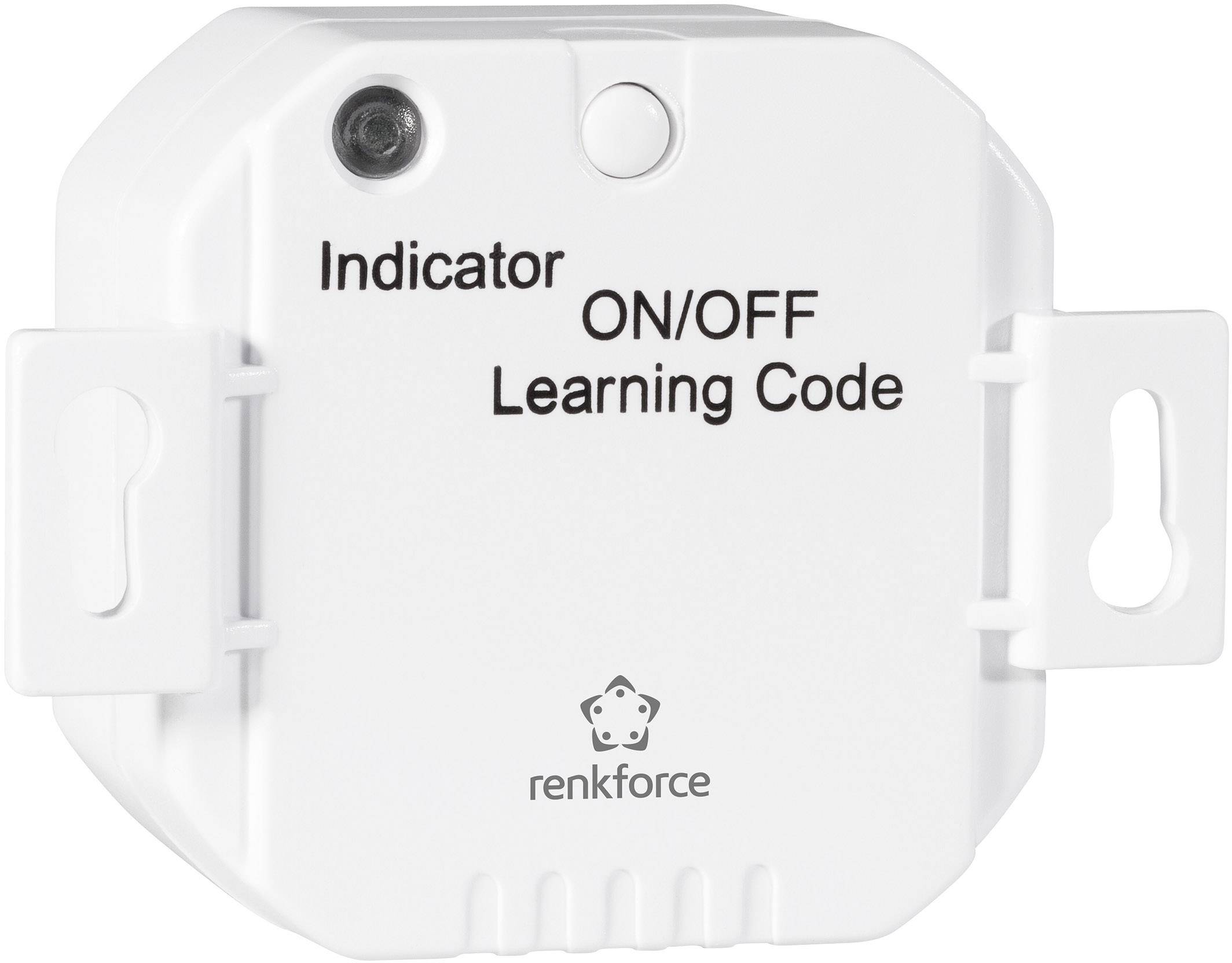 A white, electronic switch by Renkforce with labelling reading 'Indicator', 'ON/OFF' and 'Learning Code'.