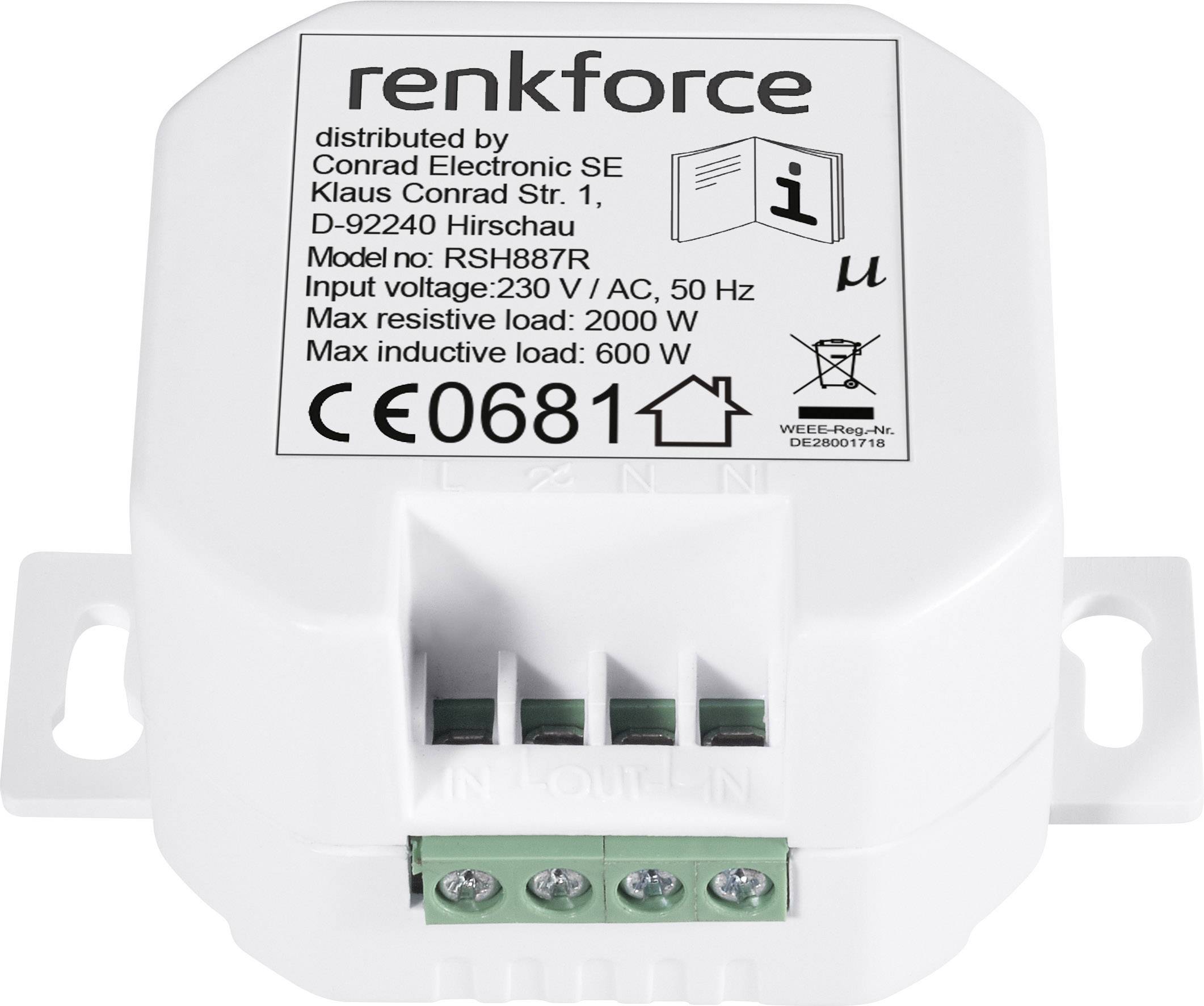 White Renkforce relay box for 230V AC, 50 Hz. Model number: RSH887R. Details of manufacturer's address and electrical specifications. CE marking present.