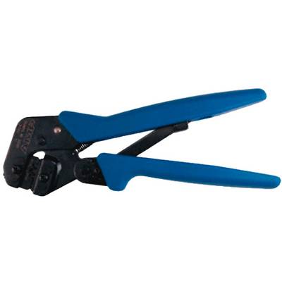 Wire crimping pliers with blue handles, lying on a white background.