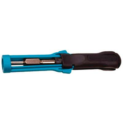 Crimping tool with blue and black handle for cable connections, closed in side view.