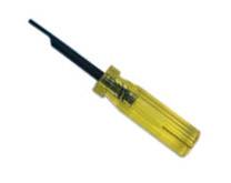 A yellow screwdriver with a flat, black head lies at an angle.