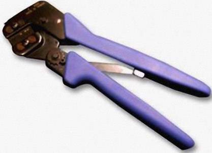 Hand crimping pliers with blue handles, used for crimping cables for electrical connections.