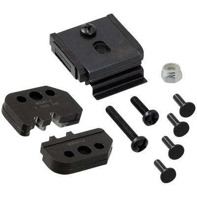'Fixing kit with black components, including screws, nuts, and metal plates, for mounting parts.'