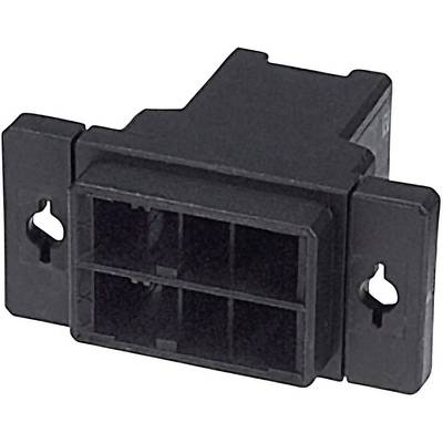 Black rectangular plastic connector with multiple connection points, suitable for electronic connections in devices or vehicles.