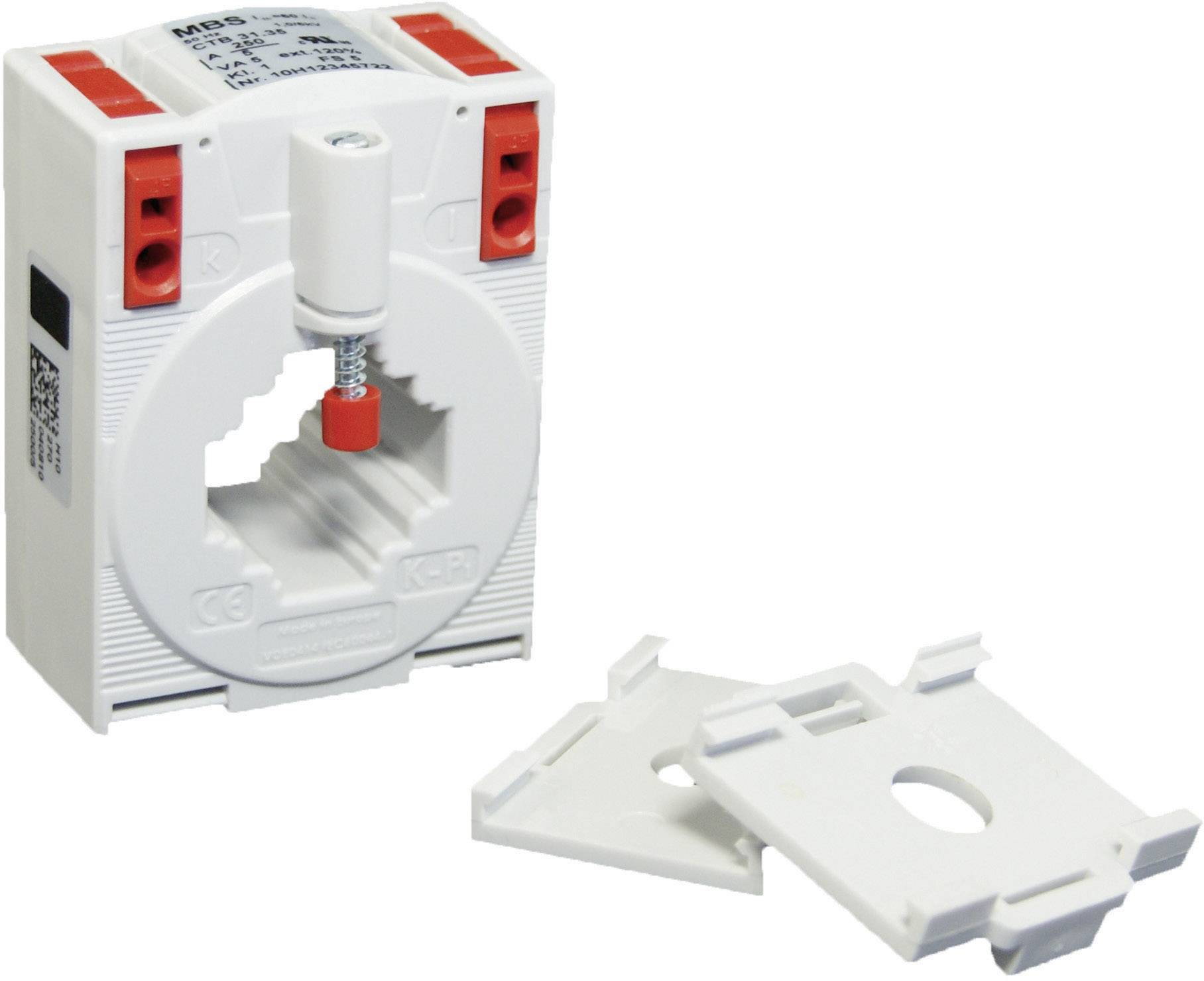 A white current transformer with a red connection point in the centre and two removable cover plates. Suitable for electrical applications.