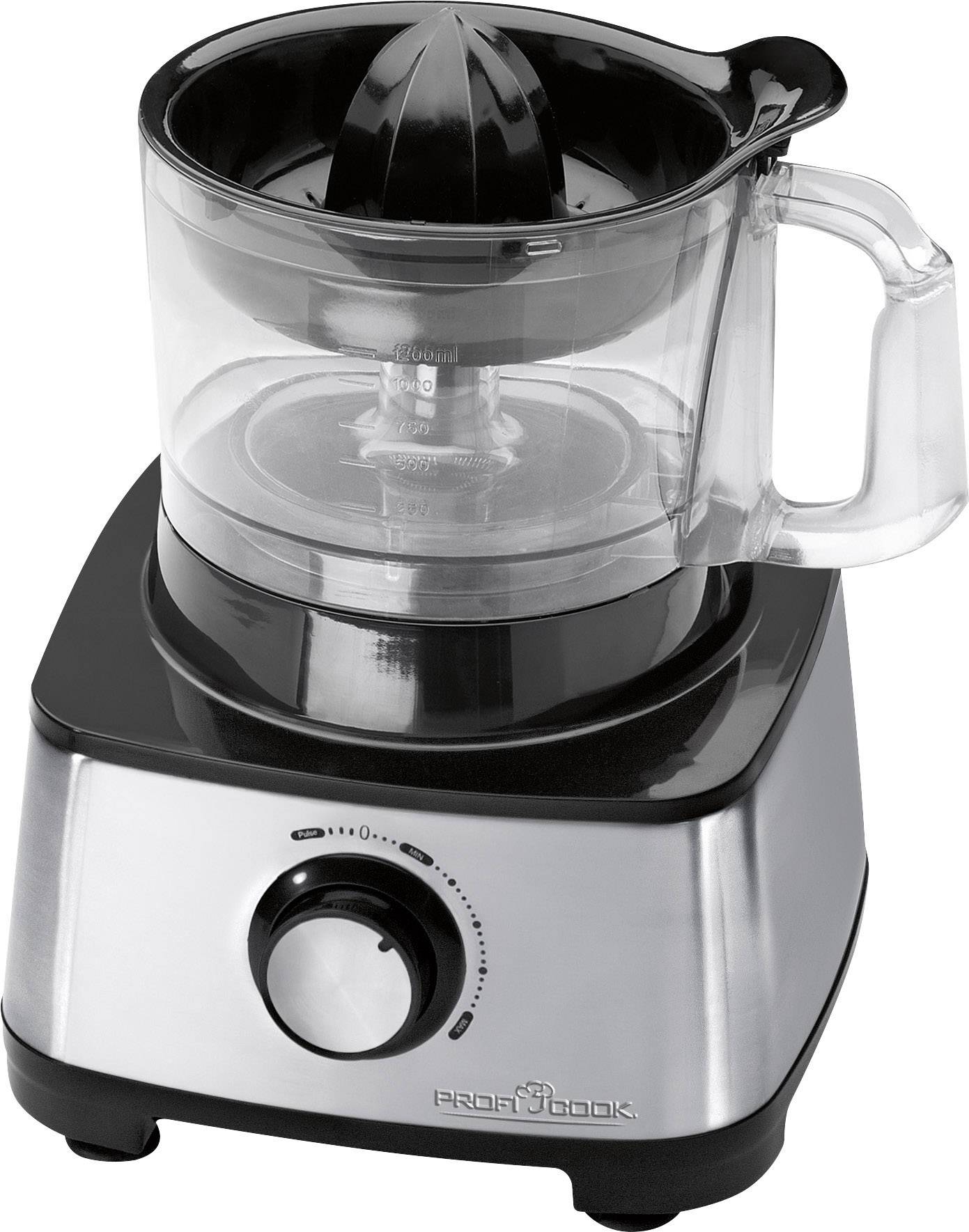 Electric citrus juicer with a black base, transparent juice container, and citrus attachment. Speed control dial for adjusting settings.