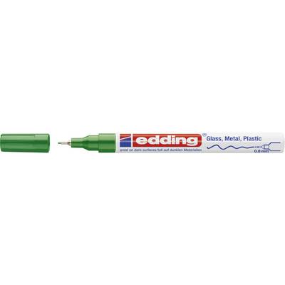 Green marker with removed cap, suitable for glass, metal and plastic. Brand symbol 'edding'. Tip shows 0.8 mm line width.