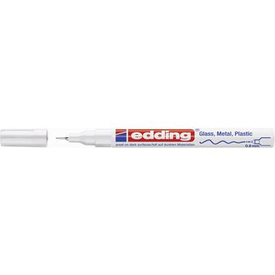 A white edding marker with a blue cap and red label. Suitable for glass, metal, plastic. Tip: 0.8 mm.