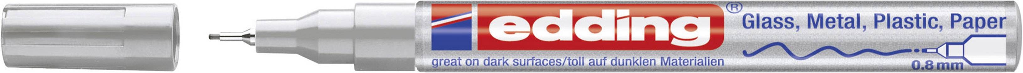 A silver permanent marker with a removable cap; displays 'edding' logo. Suitable for glass, metal, plastic and paper.