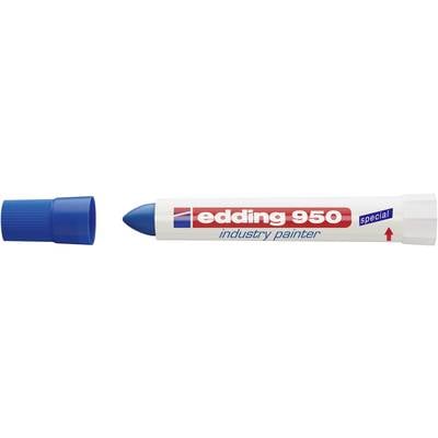 Blue industrial marker with lid removed, inscription 'edding 950 industry painter', showing tip and arrow pointing to the right.