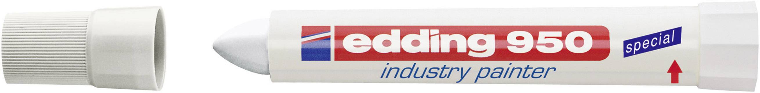 A white 'edding 950 industry painter' marker with a red logo and blue lettering lies next to its removed cap.