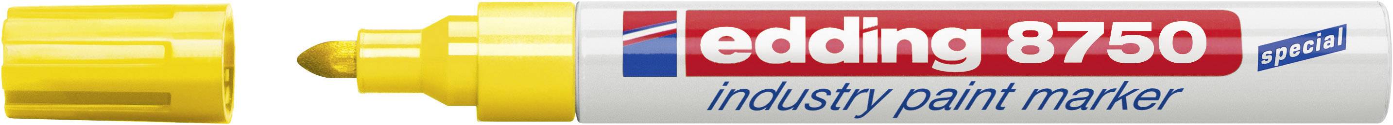 Yellow edding 8750 industrial paint marker with cap removed, suitable for permanent markings on various surfaces.