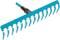 Blue plastic rake with black handle, pointing to the right, with 14 prongs.