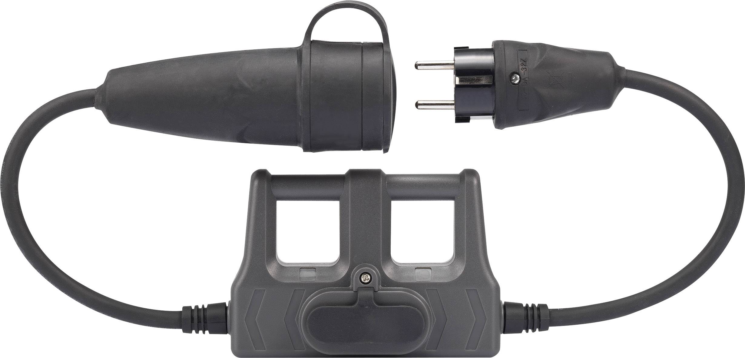 A black extension lead with a Schuko plug on the right and a socket on the left, connected by a fuse unit in the middle.