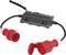 An adaptor cable with red, round connectors and a grey base featuring multiple colour-coded switches.