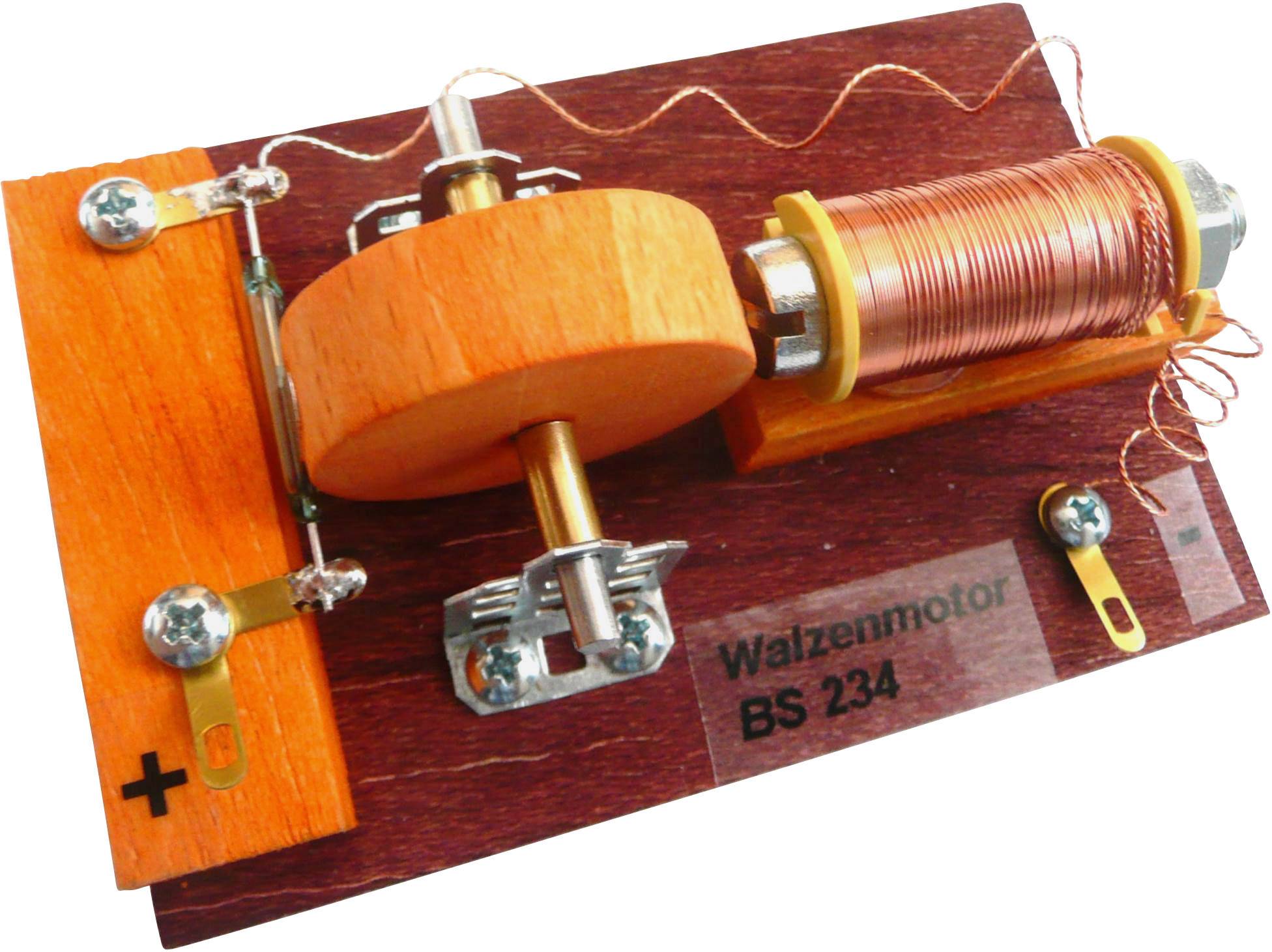 Illustration of a roller motor with copper coil and wooden elements, labelled 'Roller Motor BS 234'. Depicts electrical components.