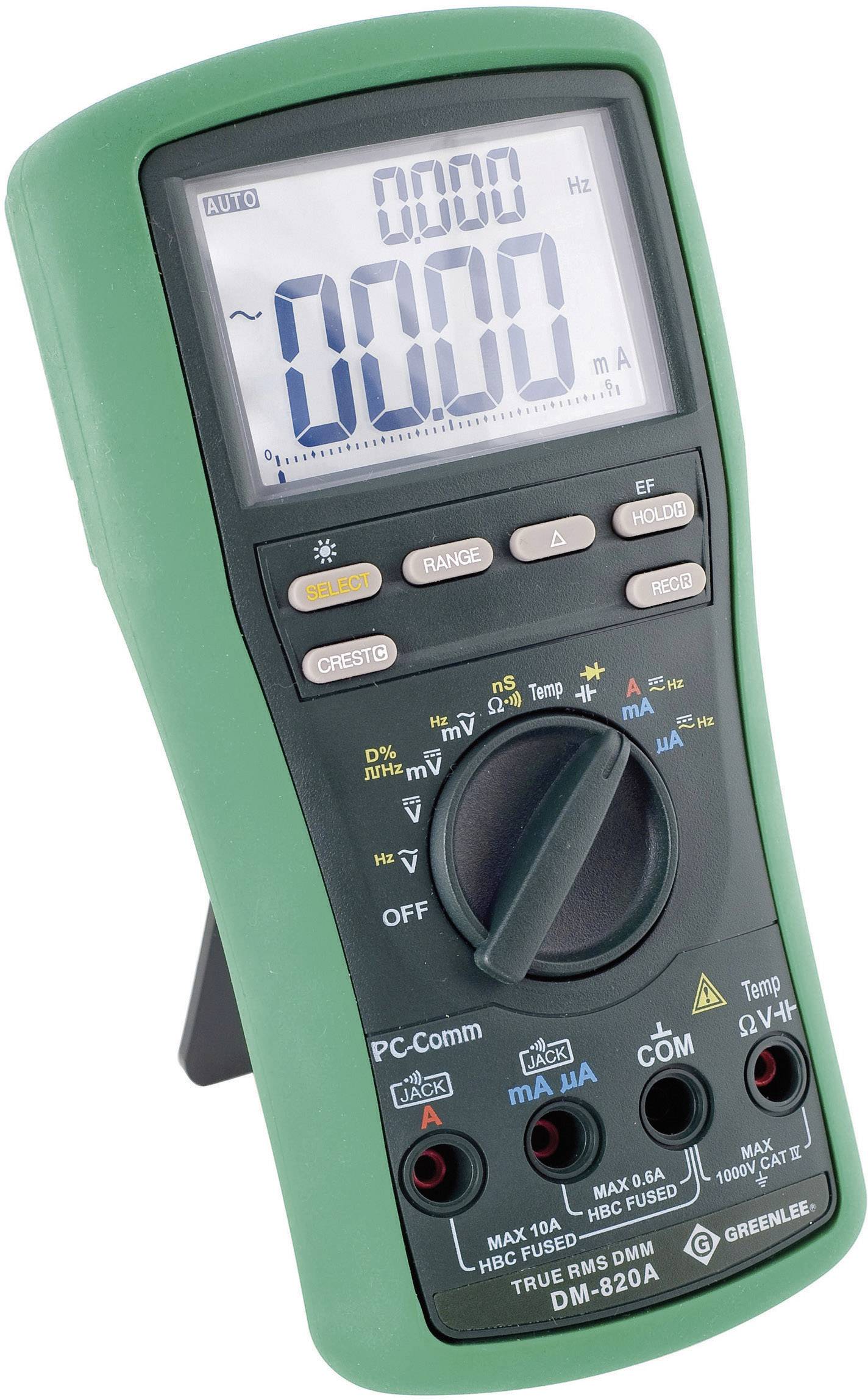 A digital multimeter with a green casing displays the value '0.000' on its display. It has various setting and measurement options.