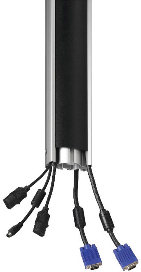 A metal cable trunking keeps several black and two blue cables organised and concealed.