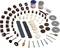 A Dremel accessory set with sanding bands, polishing attachments, cutting discs, drill bits, and a chuck key, for versatile applications.