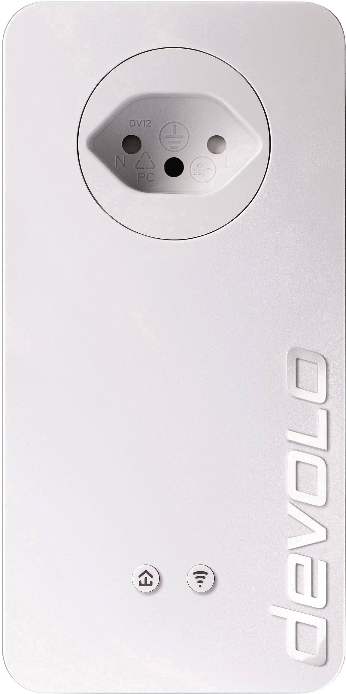 A white Powerline adapter with a 'devolo' logo, featuring power on/off and Wi-Fi symbols. Used to extend network access.