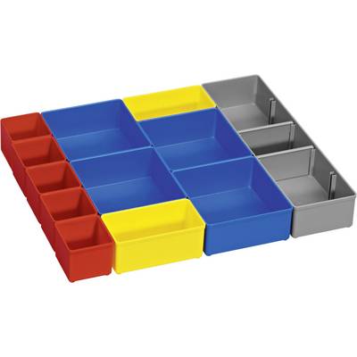 Multicoloured storage boxes in red, yellow, blue and grey, arranged side by side in varying sizes.