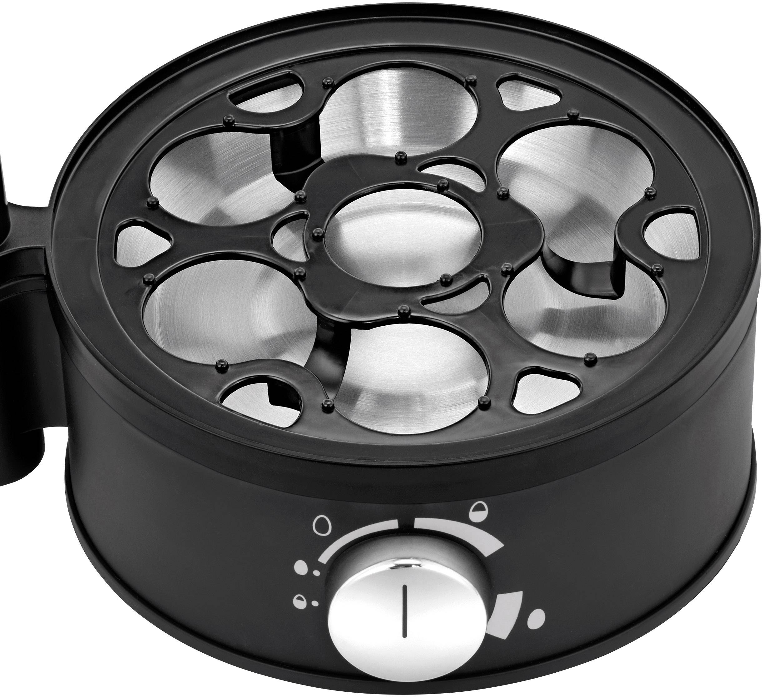 An egg cooker with space for six eggs, black casing, stainless steel support, white rotary knob on the front for temperature adjustment.