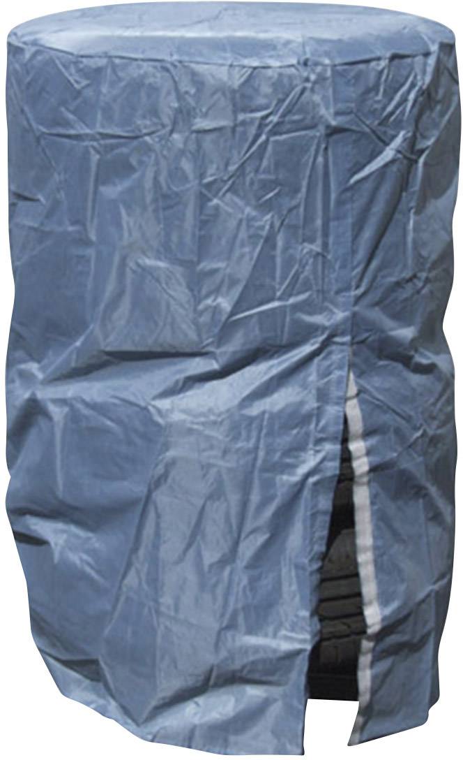 'A blue fabric bag covers a cylindrical object. The bag is slightly open, revealing a black interior.'