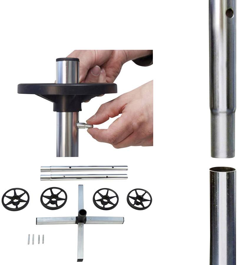 Close-up of a table leg in its component parts: steel tubes, black plastic components and screws being assembled. Hands are adjusting the parts.