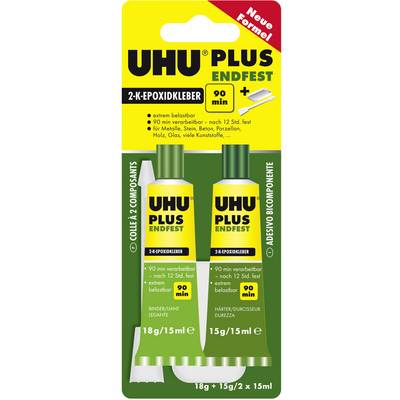 'Packaging of UHU Plus Endfest 2-Component Epoxy Adhesive, new formula, 90 Min working time, suitable for wood, glass, metal.'