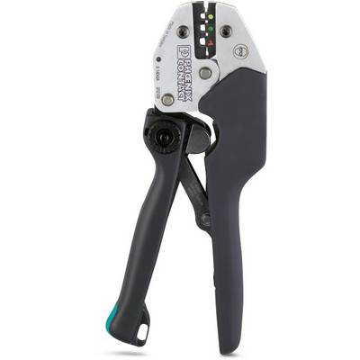 Hand crimping tool with a black handle and silver head, marked with 'Phoenix Contact', suitable for crimping electrical connections.