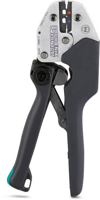 A crimping pliers by Phoenix Contact, primarily in black and silver, used for connecting electrical contacts by crimping.