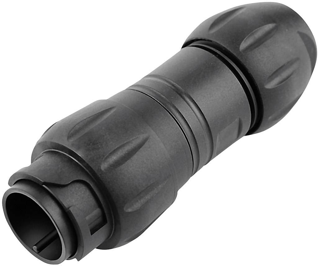 Black plastic pipe connector for round cables, cylindrical in shape with ribbed design, suitable for outdoor installation.