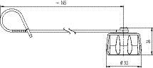 Technical drawing of a mechanical component with wheel and hook, length specifications and specific dimensions for construction.