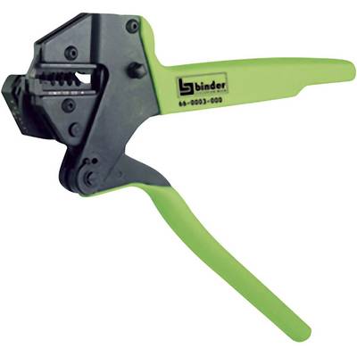 A green crimping plier with a black mechanism, used for crimping contacts onto cables. Marked with the logo.