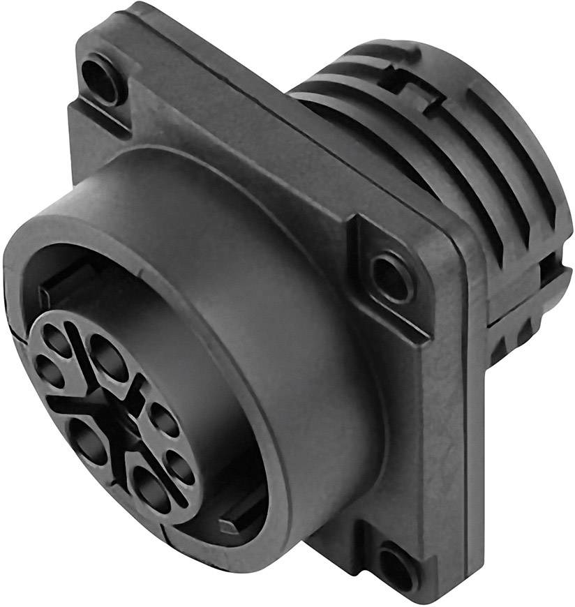 Black, square socket with six round openings on the front and a ribbed casing on the back.
