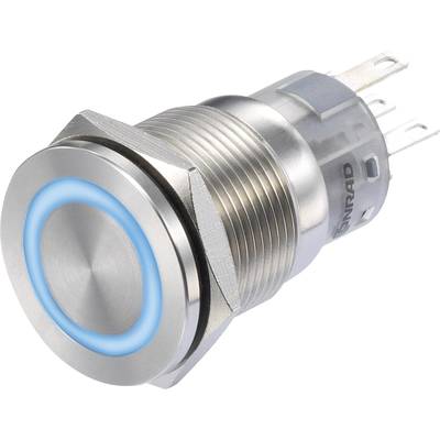 Round metal switch with blue LED illumination around the edge, suitable for industrial applications and electronic devices.