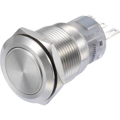 Metal switch with round push button, silver-coloured, with threading for mounting. Suitable for electronic devices as an on/off switch.